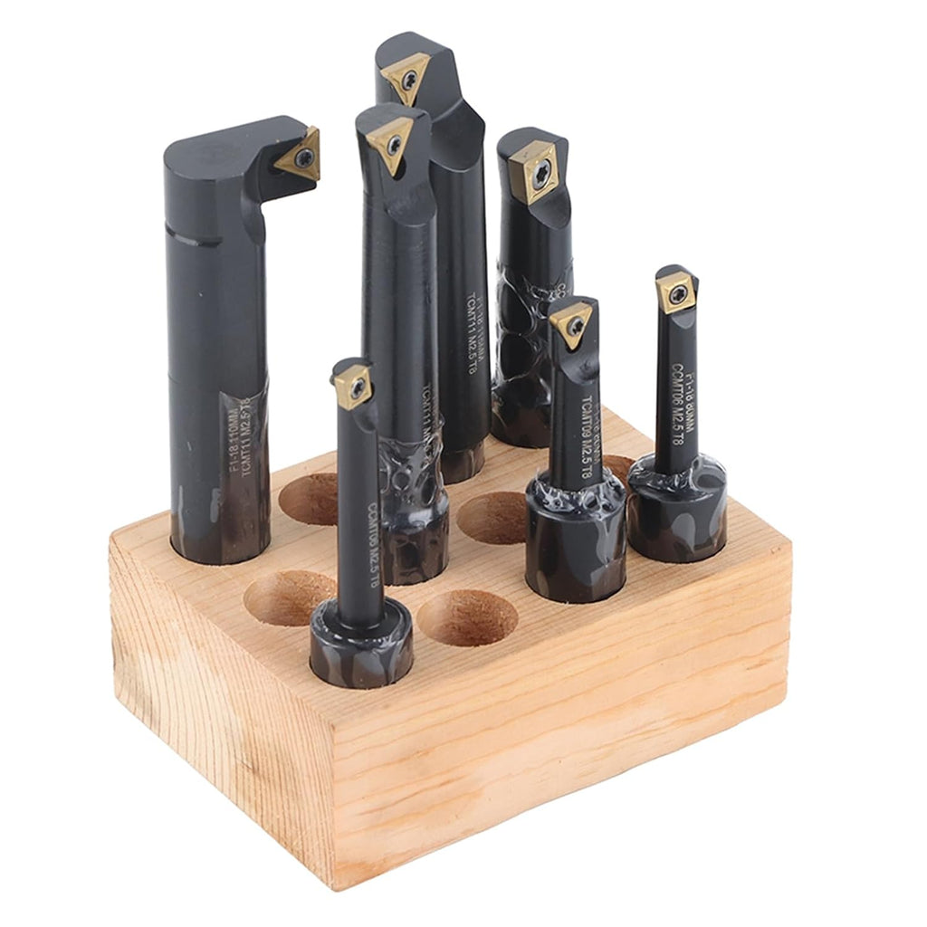7Pcs Boring Tool Set, Indexable Cemented Carbide Turning Bar Holder, Round Shank Boring Bar for Lathe and Boring Machine, F1-18 with Wood Block Storage