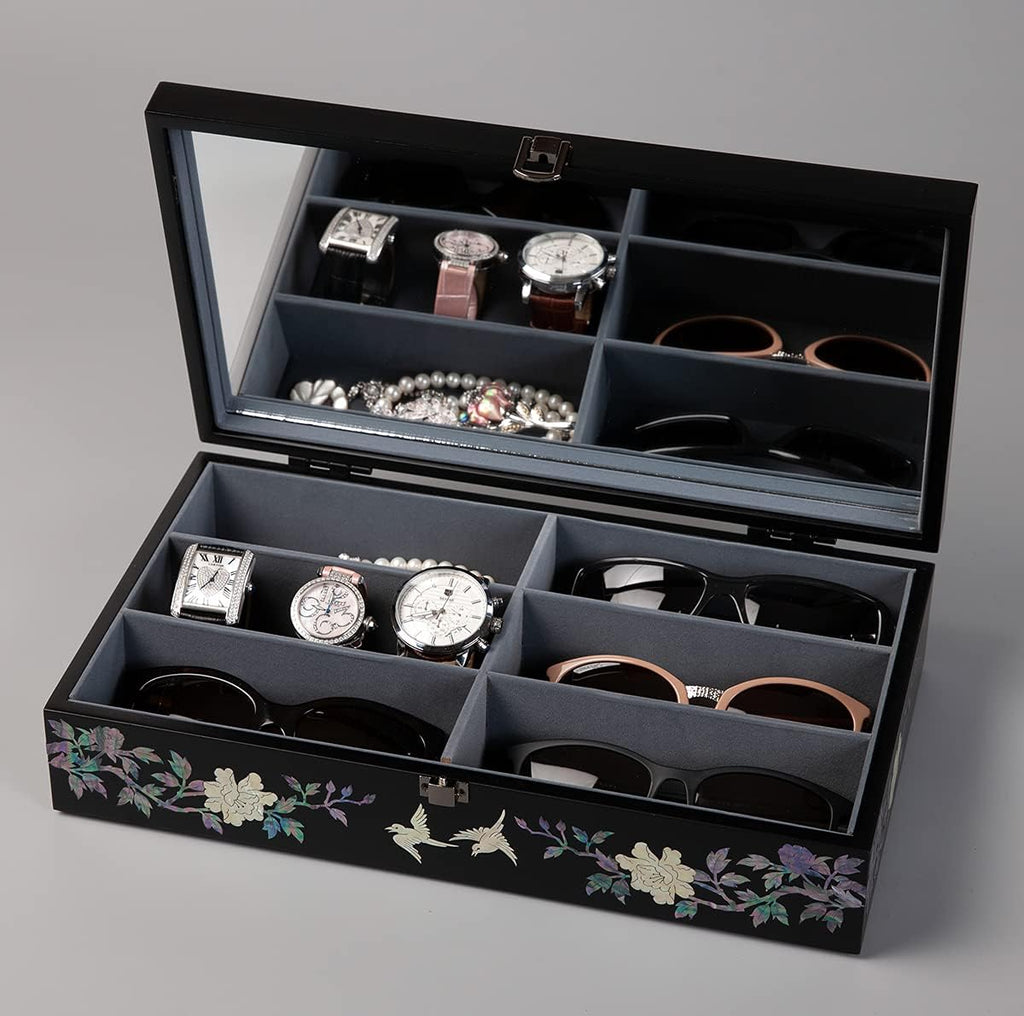 Antique Alive Mother of Pearl Wood Sunglasses Box Eyeglasses Valet Display Storage Case for Glasses Jewelry Trinkets Accessory Organizer (Peacock Black)