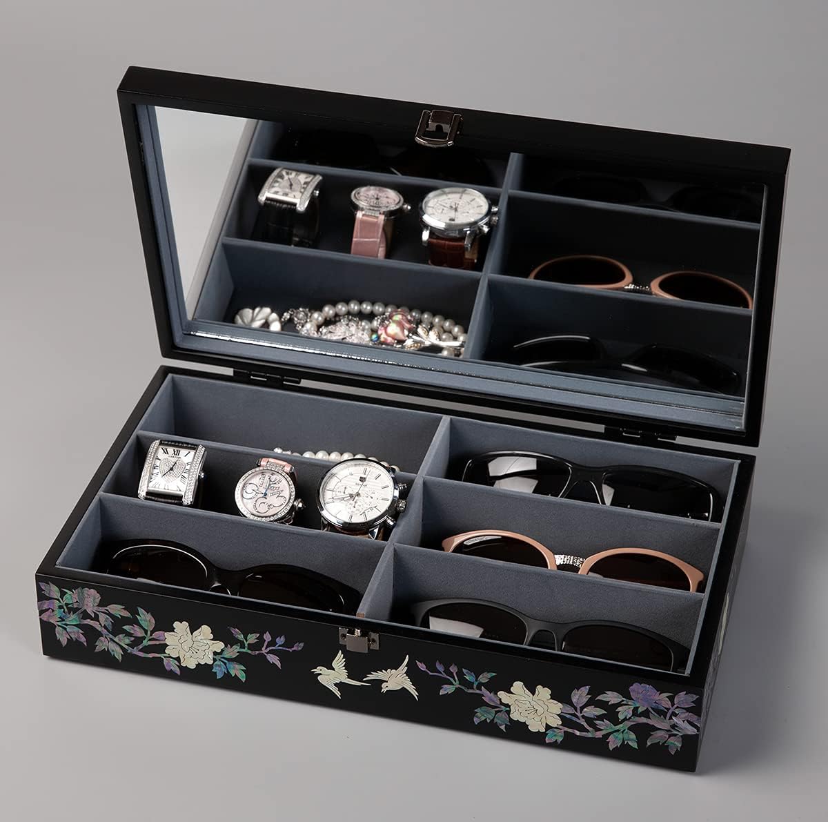 Antique Alive Mother of Pearl Wood Sunglasses Box Eyeglasses Valet Display Storage Case for Glasses Jewelry Trinkets Accessory Organizer (Peacock Black)