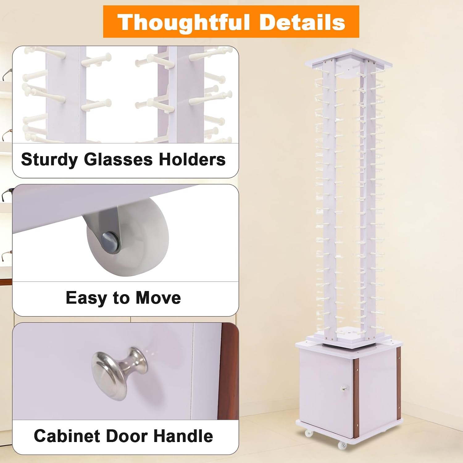 360° Rotating Wooden Sunglasses Display Stand, Holds 72 Pairs, Sleek Retail Organizer for Eyewear, Ideal for Store Showcases and Commercial Use