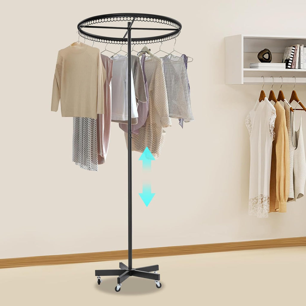 Rotatable Round Clothes Rack 360°Rotating Round Clothing Rack with Wheels Garment Display Racks for Shopping Centers, Clothing Stores 66lbs Capacity 45.7-74.8in Adjustable Height (Black)