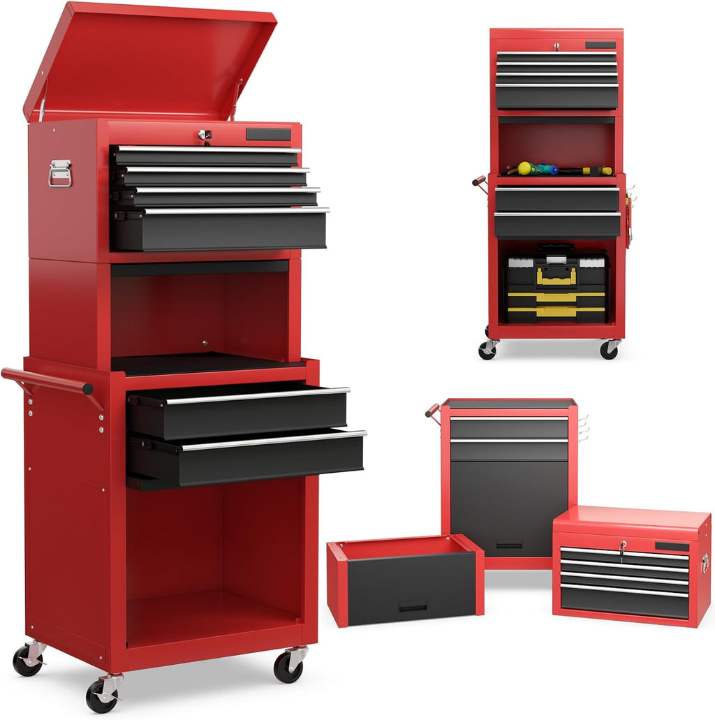 Goplus 6 Drawers Tool Chest, Rolling Metal Tool Box with Universal Wheels, Protective Liner, Detachable Top Toolbox, Auto Lock, 3-in-1 Large Tool Cabinet for Garage Shop Auto Repair