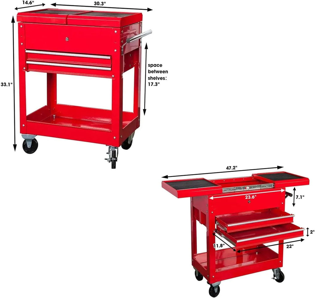 Tool Box Rolling Garage Workshop Tool Organizer with Directional Wheels, 2 Drawer Tool Chest Tray with Top Work Surface and Storage Push Cart Hardware Toolbox