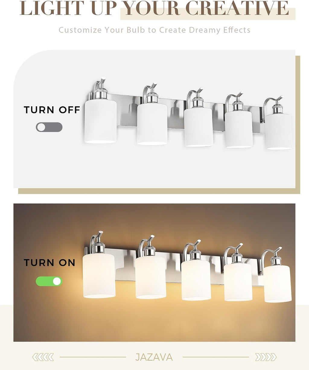 5 Light Bathroom Vanity Light, Brushed Nickel Vanity Lights for Morden Bathroom Lighting Fixtures Over Mirror Wall Light Fixtures with Milky White Frosted Shade ZCVL01BNW-5