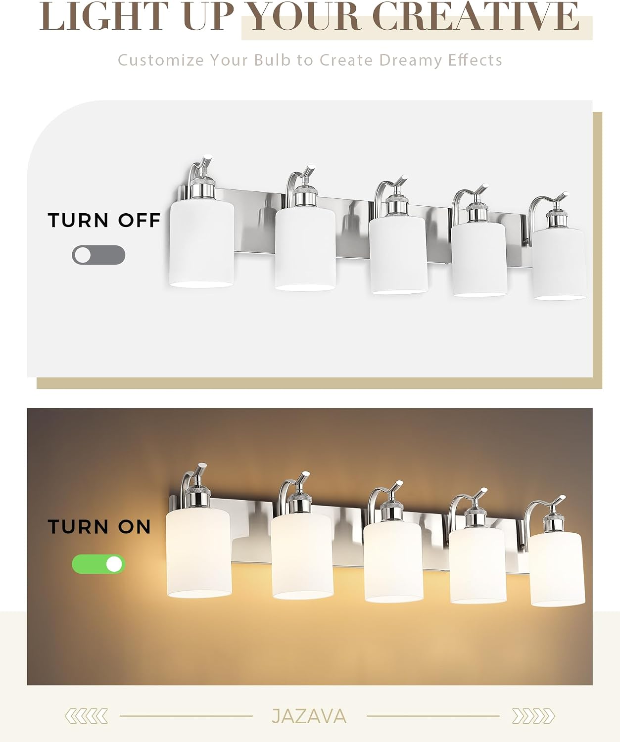 5 Light Bathroom Vanity Light, Brushed Nickel Vanity Lights for Morden Bathroom Lighting Fixtures Over Mirror Wall Light Fixtures with Milky White Frosted Shade ZCVL01BNW-5