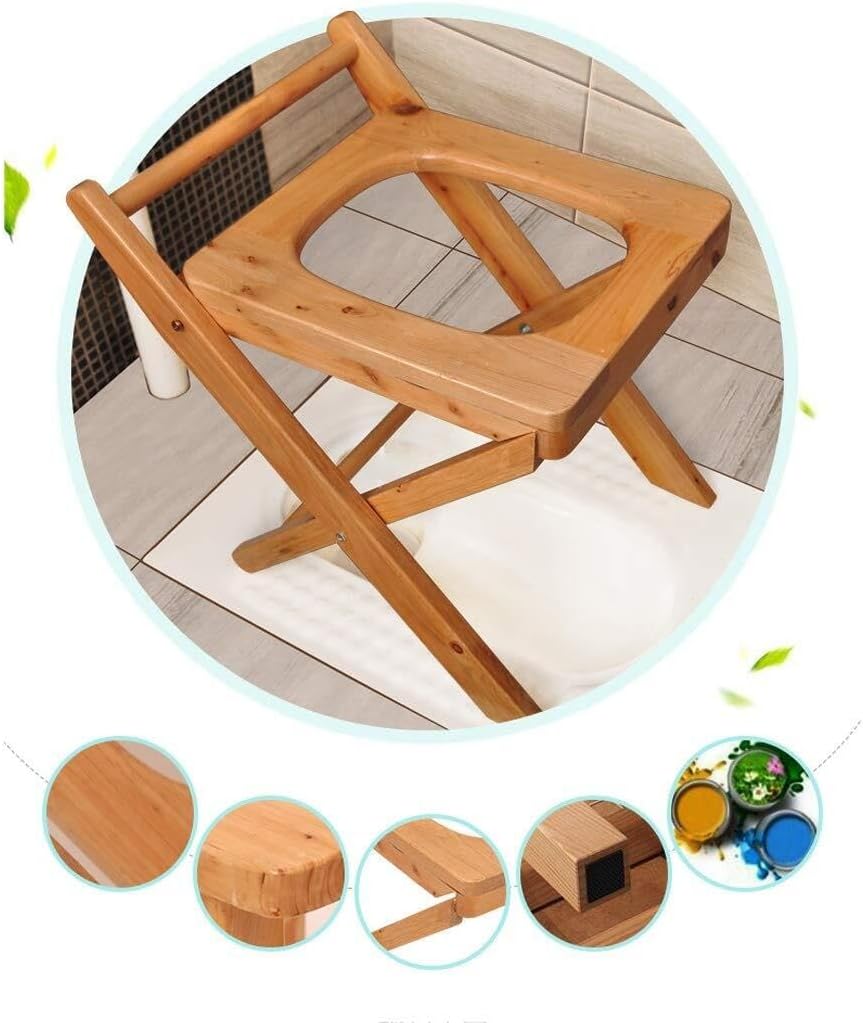 Folding Wooden Toilet Commode Chair with Bucket – Portable Bedside Potty & Shower Seat for Seniors Disabled Pregnant Women Easy to Clean Sturdy Comfortable