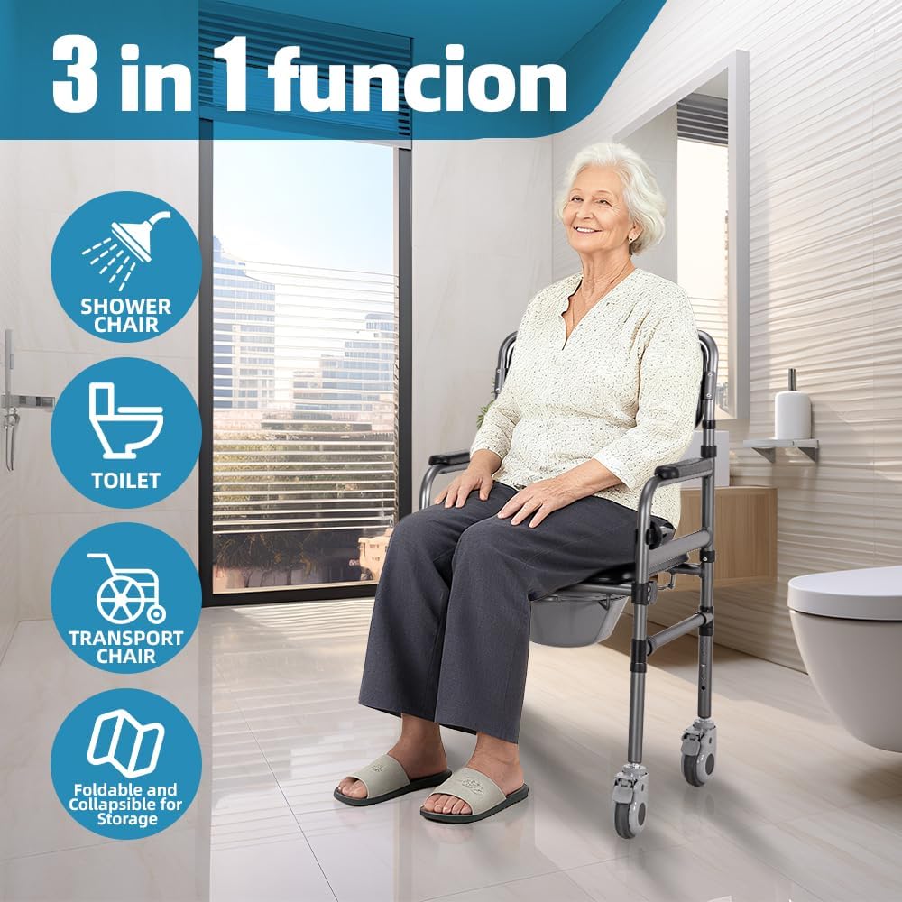 Bedside Commode Chair for Seniors, 3-in-1 Foldable Toilet Chair Wheels 400lbs Heavy Duty, Adjustable Shower Chair PU Seat Backrest, Portable Commode Elderly Disabled, Toilet-Round