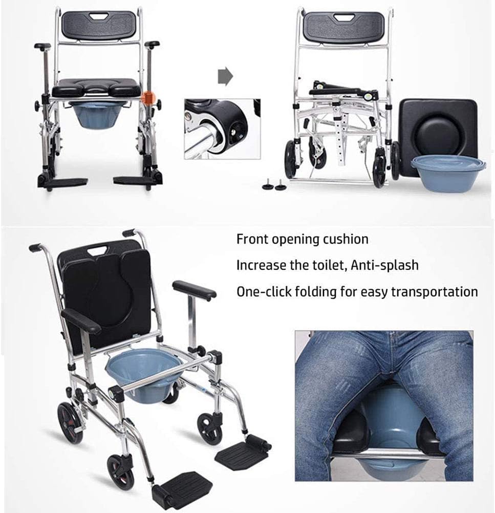 Adjustable Folding Bedside Commode Chair with Wheels Drop Arm & Safety e Portable Toilet Seat for Elderly Seniors & Disabled – Shower & Bathroom Use