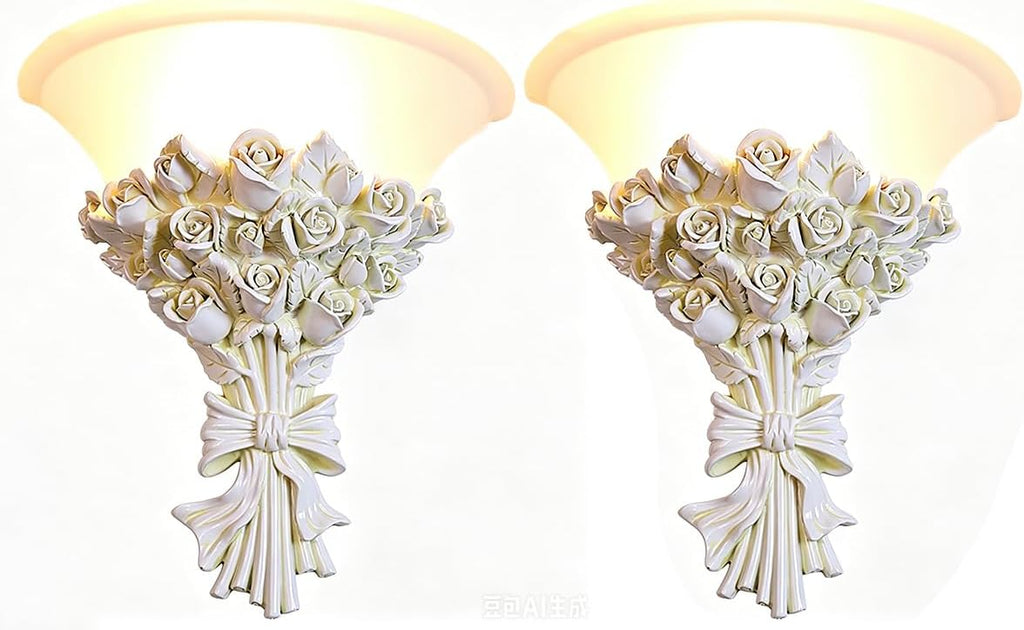 White Flower Wall Sconce 1-Light Antique Rose Resin Flower Wall Lamp with Frosted Glass Shade, E26 Hardwired Light Fixture Vintage Indoor Art Deco Lighting for Bedroom Living Room