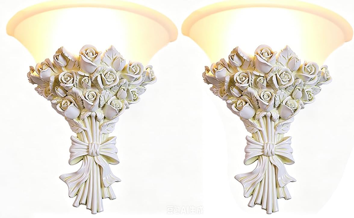 White Flower Wall Sconce 1-Light Antique Rose Resin Flower Wall Lamp with Frosted Glass Shade, E26 Hardwired Light Fixture Vintage Indoor Art Deco Lighting for Bedroom Living Room