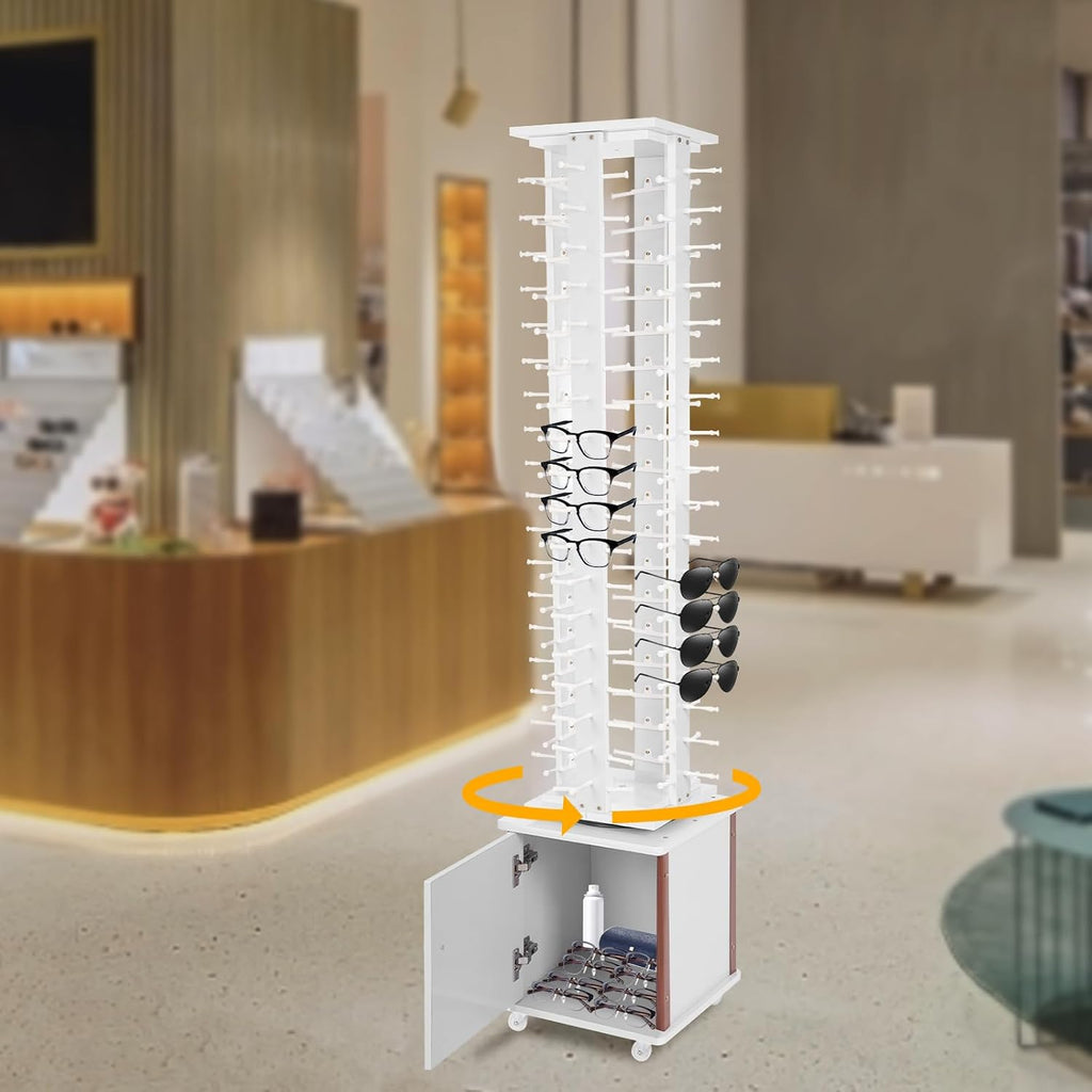 Rotating Glasse Display Stand,72 Pairs Floor-Standing Sunglasses Display Rack w/4 Swivel Wheels,Rotating Eyewear Holder Sunglasses Organizer (White)