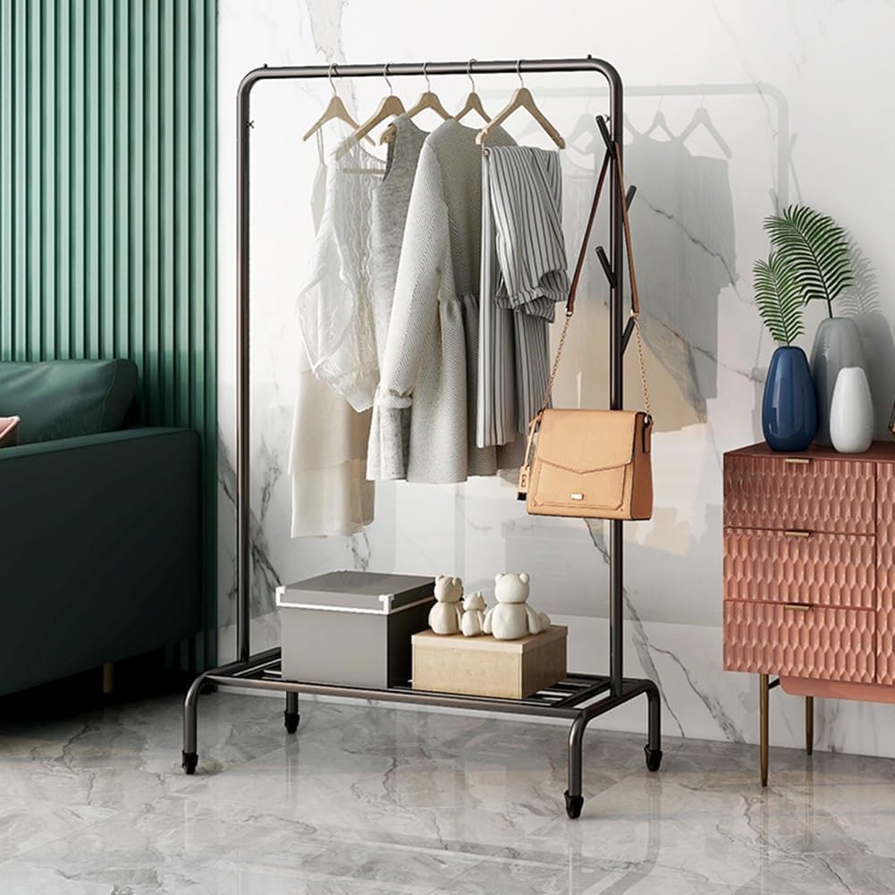 Heavy-Duty Rolling Garment Rack with Wheels, Side Hooks & Storage Shelf, High Capacity Organizer for Bedroom & Laundry Room