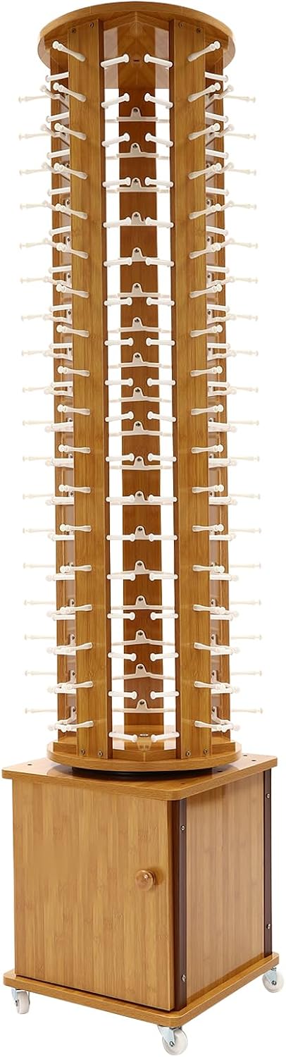 108 Pairs Wood Sunglass Display Rack with 4 Swivel Wheels, Floor-Standing Eyewear Storage Organizer, Commercial Glasses Hanging Rack (Light Brown)