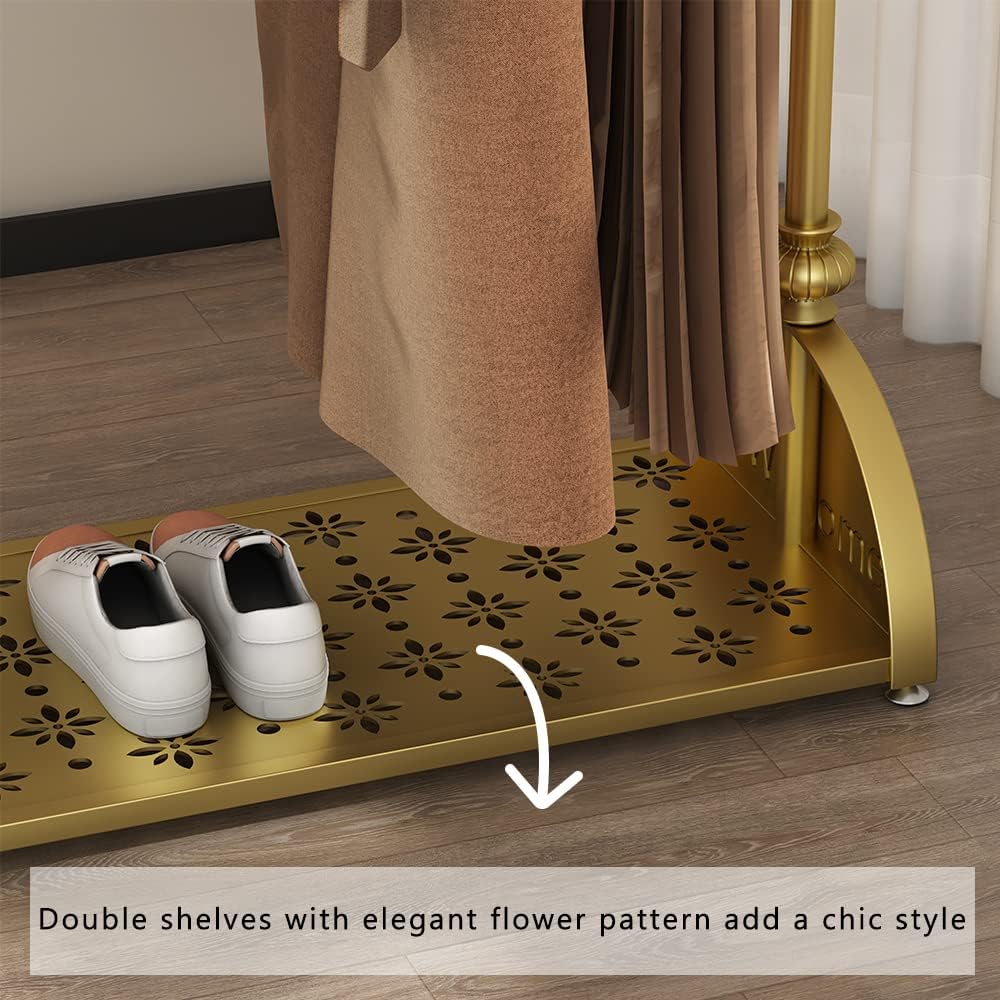 Clothing Rack Gold, Freestanding Heavy-Duty Garment Rack with Double Storage Shelves, Mobile Metal Coat Rack & Shoe Organizer for Bedroom Entryway Closet