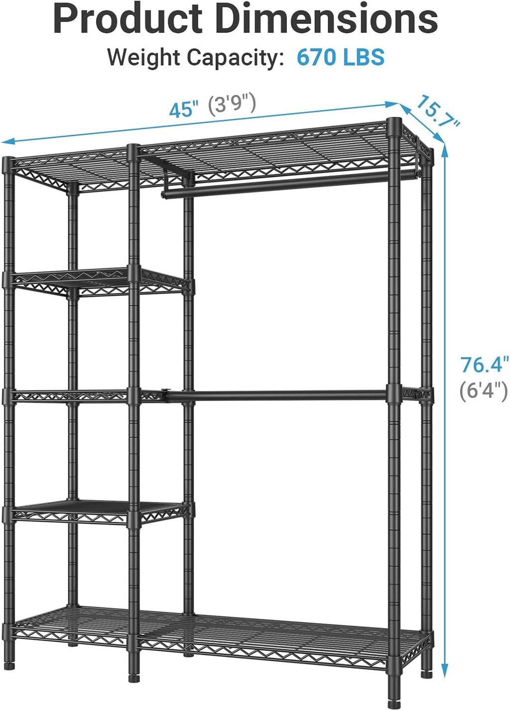 VIPEK V7C Garment Racks With Cover Portable Closets for Hanging Clothes, Heavy Duty Clothes Rack With Shelves Metal Closet Wardrobe, Max 670lbs, Black With Upgraded Polyester Cover