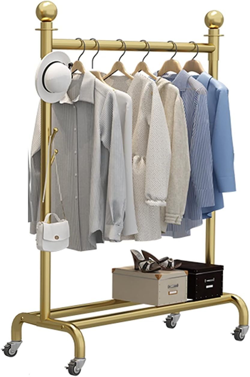 Gold Rolling Garment Rack with Wheels & Shelf - Stylish Clothes Rail for Bedroom, Living Room & Retail Display - 100x40x155CM, Versatile Coat Storage Solution