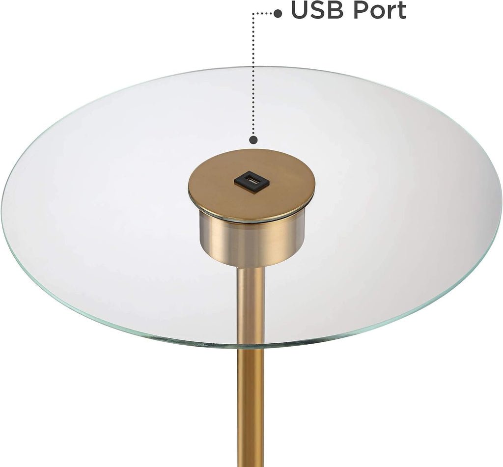 Possini Euro Design Volta Mid Century Modern Arched Floor Lamps 66' Tall Set of 2 with USB Charging Port Glass Tray Table Antique Brass White Linen Drum Shade Living Room Reading House Bedroom Home