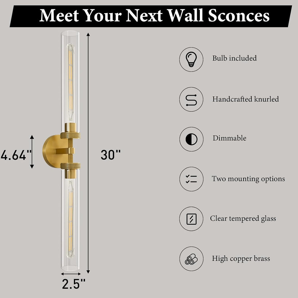 Knurled Brass Tube Wall Sconce - Set of 2 Luxury Modern Dimmable Sconces with Bulbs - Gold Glass Vanity Light Fixture - Vertical or Horizontal Mounted Indoor Lighting for Bathroom Bedroom Living Room