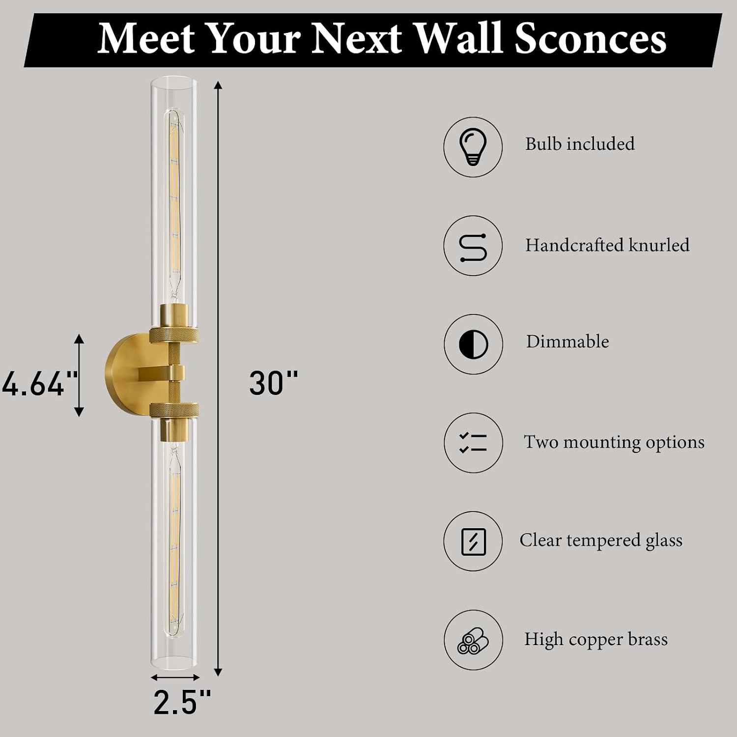 Knurled Brass Tube Wall Sconce - Set of 2 Luxury Modern Dimmable Sconces with Bulbs - Gold Glass Vanity Light Fixture - Vertical or Horizontal Mounted Indoor Lighting for Bathroom Bedroom Living Room