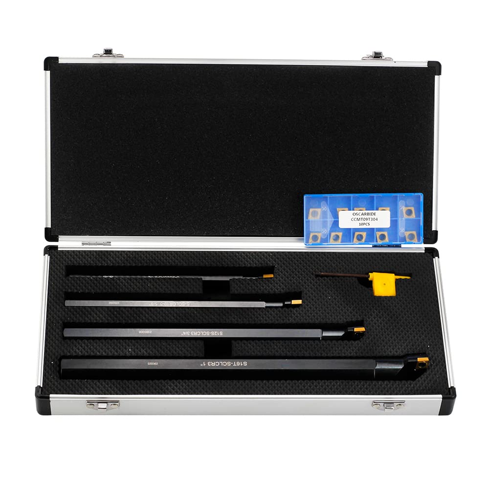 OSCARBIDE Boring Bars 1/2'x7',5/8'x8',3/4'x10' 4 Pieces,1'x12', Indexable Boring Bar Set, Right-Hand Sclcr Boring Bars with 14 Pieces CCMT09T304(CCMT32.5) Carbide Inserts