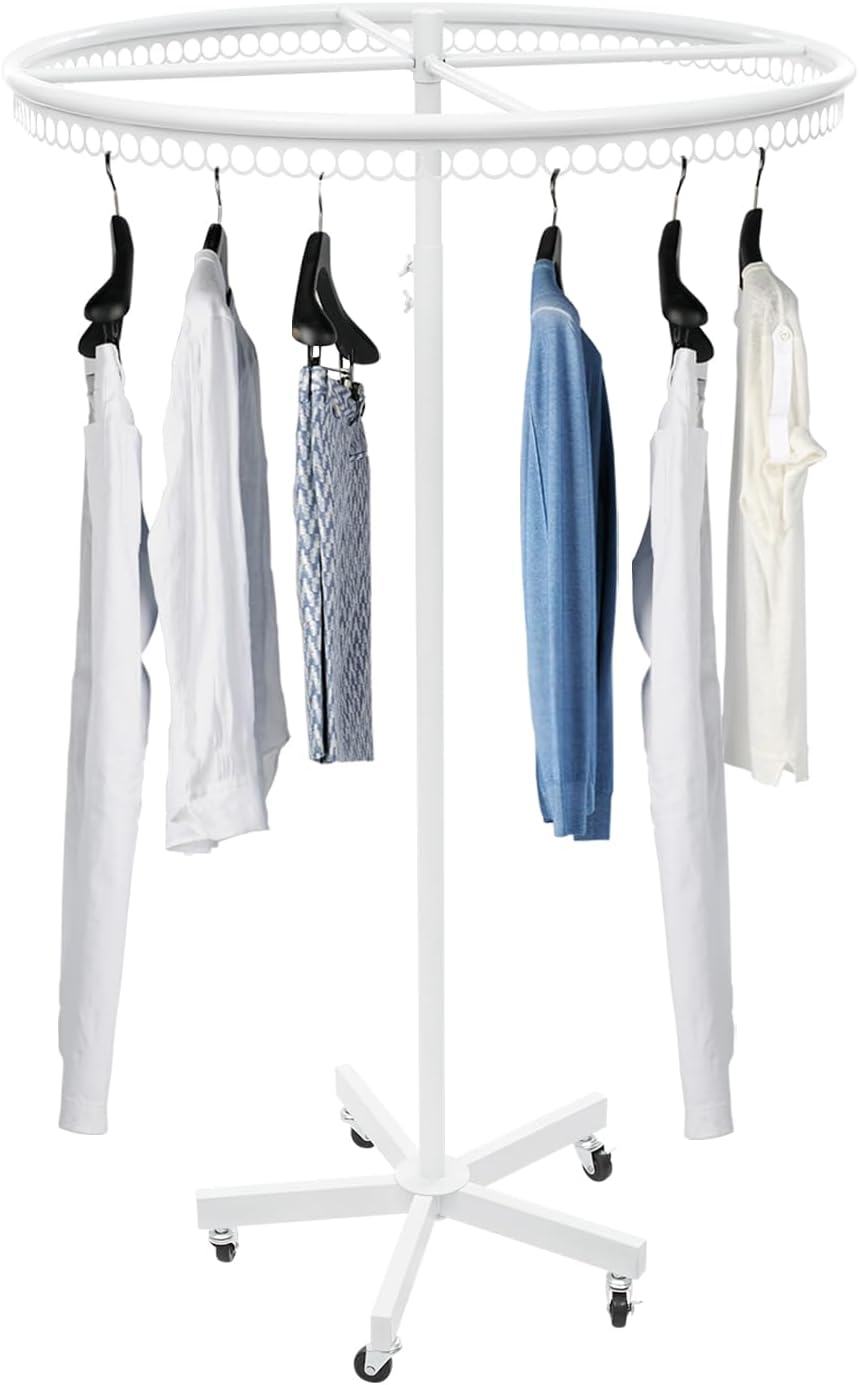 Rotatable Round Clothes Rack 360°Rotating Round Clothing Rack with Wheels Garment Display Racks for Shopping Centers, Clothing Stores 66lbs Capacity 45.7-74.8in Adjustable Height (White)