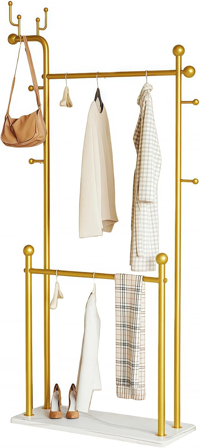 Gold clothing rack marble base,Heavy Duty Clothes Rack for Hanging Clothes,Double Rail Garment Rack with Hooks for Home Retail Boutique (gold)