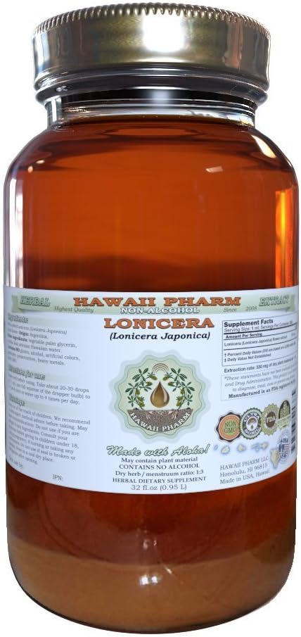 Lonicera Alcohol-Free Liquid Extract, Lonicera (Lonicera Japonica) Dried Flower Glycerite Hawaii Pharm Natural Herbal Supplement 32 oz Unfiltered