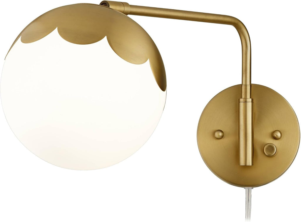 360 Lighting Kelowna Modern Swing Arm Wall Lamps Set of 2 Antique Brass Metal Plug-in Light Fixture Round Glass Globe Shade for Bedroom Bedside House Reading Living Room Home Hallway Dining