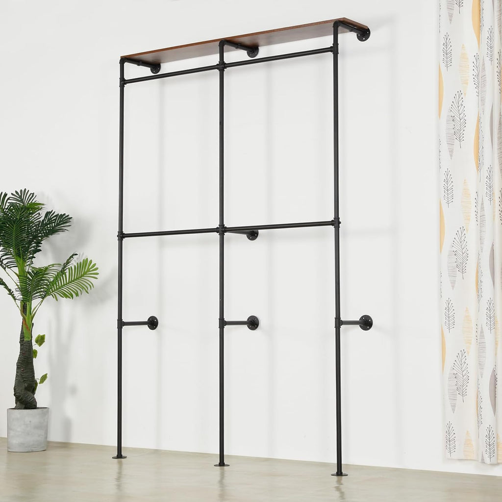 Garment Rack Heavy Duty Racks, Modern Simple Industrial Pipe Double Hanging Rods Clothing with Shelves, Freestanding Portable Wardrobe Closet Rack for Hanging Clothes, 93in Black