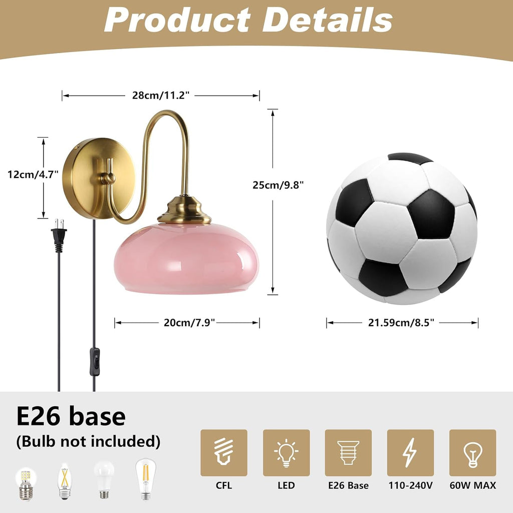 KCO Lighting Modern Pink Glass Wall Light Set of 2 Plug in Antique Brass Wall Sconce Pink and Gold Wall Sconces Bathroom Vanity Light Fixtures Plug in