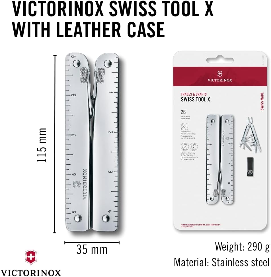 Victorinox Swiss Tool X Swiss Army Knife, 26 Function Swiss Made Multitool with Large Blade, Pliers and Wire Cutter - Silver with Leather Pouch