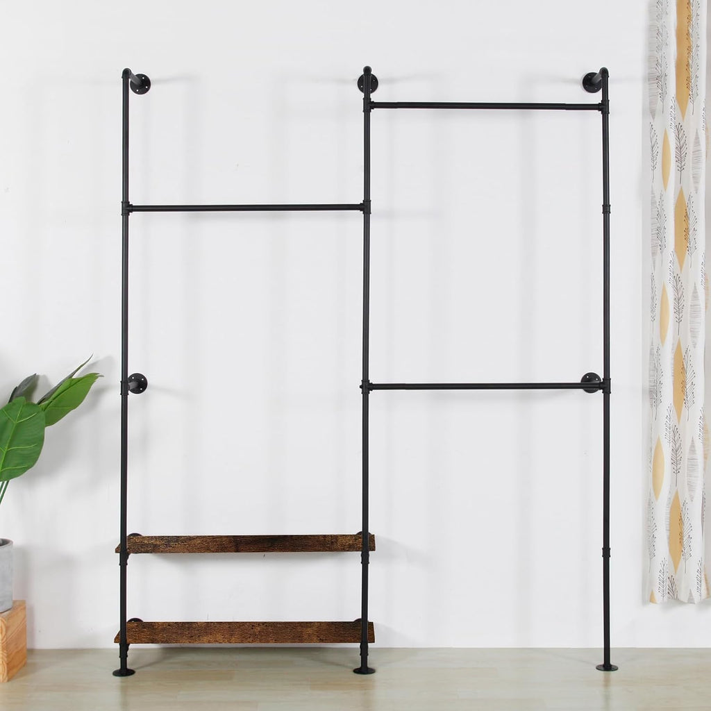 Industrial Pipe Clothing Rack Wall Mounted - Heavy Duty Wood Shelves Garment Display for Bedroom/Retail Stores, Steampunk Clothes Hanger Organizer, Black(91.7X74.8inch)