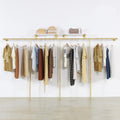 Wall Mounted Gold pipe clothing rack with 3 T-Bar Design and Nano Gold Finish with 2 Wooden Shelves Heavy Duty Wall Mounted Iron Garment Bar for Retail Display and Closet Storage