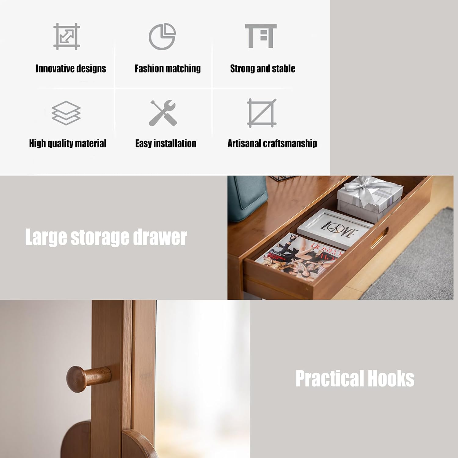 Bamboo Garment Rack with Drawers, Freestanding Wooden Clothing Rack with Hooks, Heavy Duty Coat Rack with Shelves Multifunctional Open Wardrobe Closet Organizer for Entryway Bedroom Indoor (A)