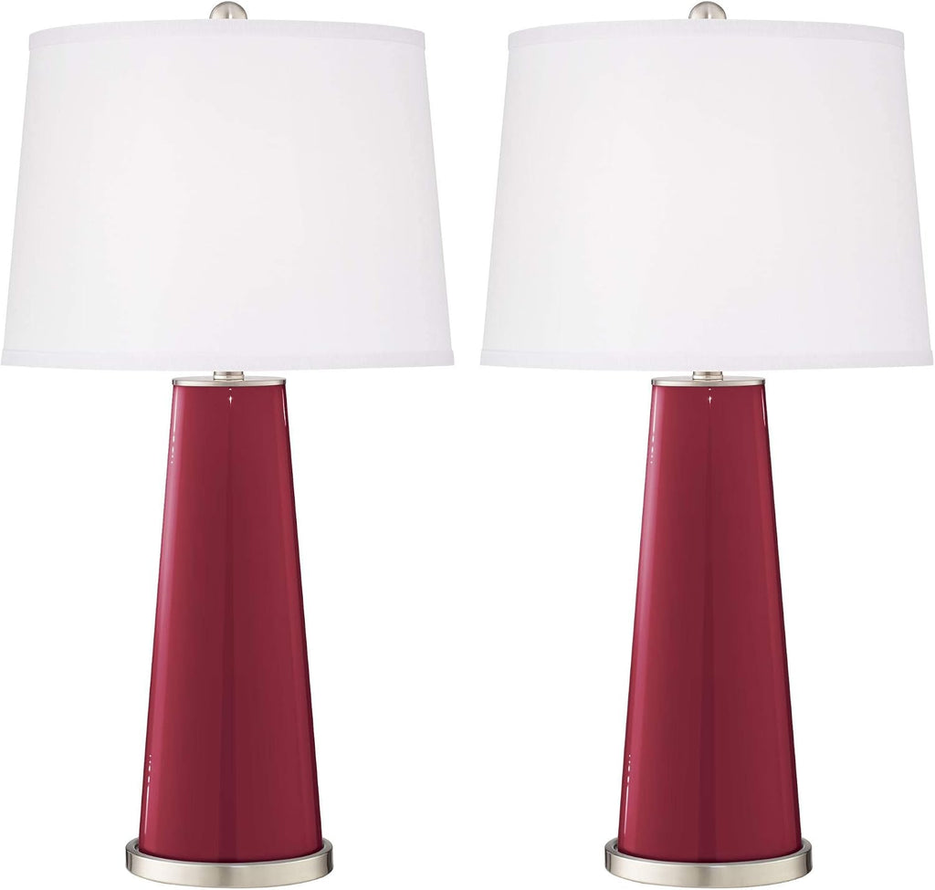 Color + Plus Leo Modern Table Lamps 29 1/2' Tall Set of 2 Antique Red Glass Tapered Column Plain White Drum Shade Decor for Bedroom Living Room House Home Bedside Nightstand Office Family