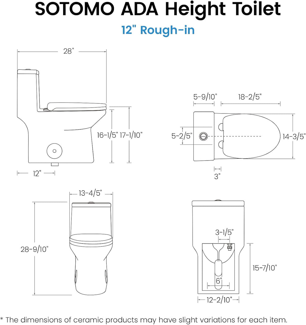 SOTOMO Compact ADA Toilet, 12' Rough-in Elongated One-Piece Toilet with Quick Release & Soft Close Toilet Seat, 1.1/1.6 GPF Dual Flush Water-Saving White, aMJ-T138