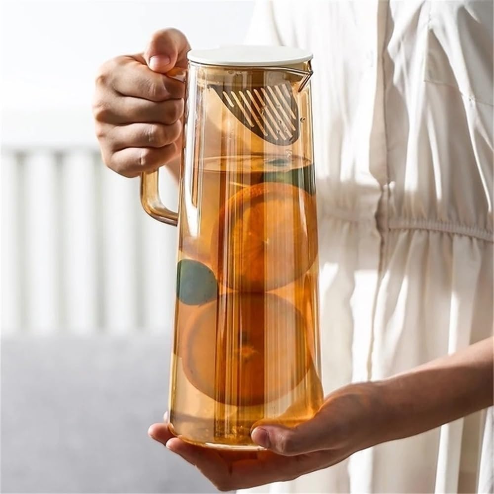Tea Set 1.35L/1.8L Glass Water Pitcher With Lid and Handle Jug for Fridge Iced Tea and Coffee Carafe Beverage Serveware Teapot Set(Brown,Small)
