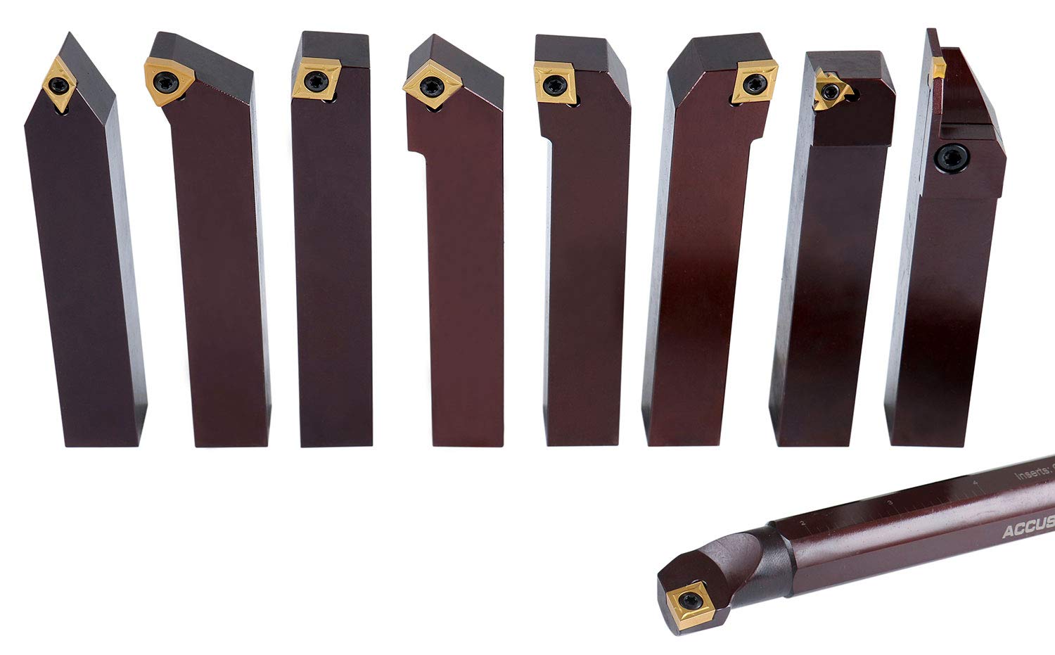 Accusize Industrial Tools 1' 9 Pieces/Set, Indexable Carbide Turning Tools and Boring Bar, 2988-0001 | TiN-Coated C6 Carbide Inserts for Steel, 9-Piece Indexable Turning and Boring Set