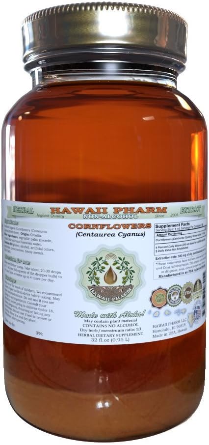 Hawaii Pharm Cornflower Alcohol-Free Liquid Extract, Cornflower (Centaurea Cyanus) Dried Flower Glycerite Natural Herbal Supplement 32 oz Unfiltered