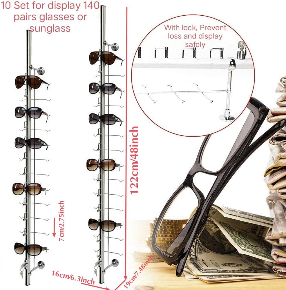 10 Set Retail Display 140 Pairs Wall Mount Eyeglass Sunglasses Display Stand Holder Rack With Lock, Multiple Glasses Organizer Hanging Sunglass Eye Glass Eyewear Display Rack