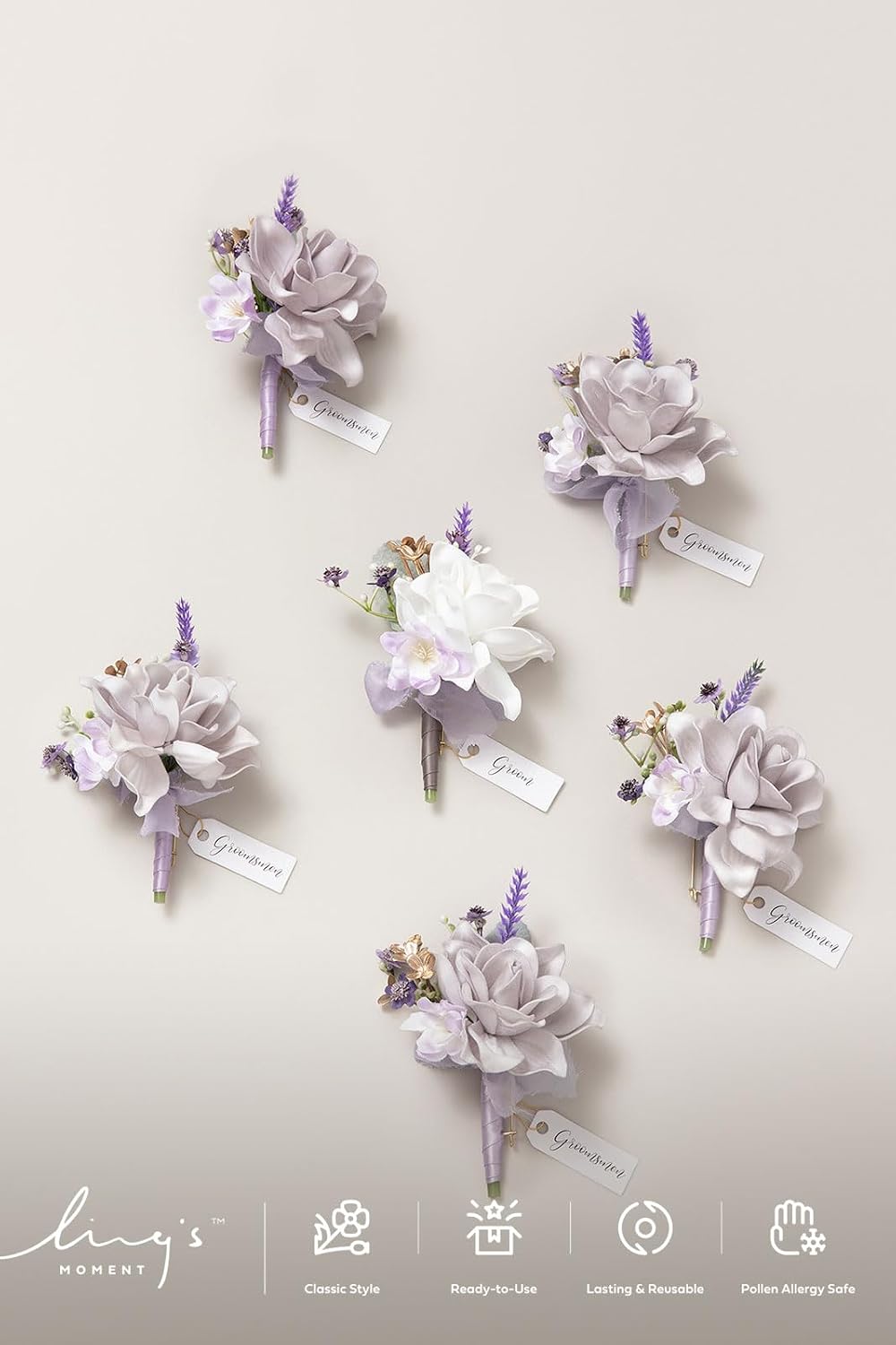 Ling's moment Wedding Artificial Flowers Package, Bridal Bouquet, Bridesmaid Bouquets, Boutonniere for Men, Rose Petals.Sage Orchid Purple Cream