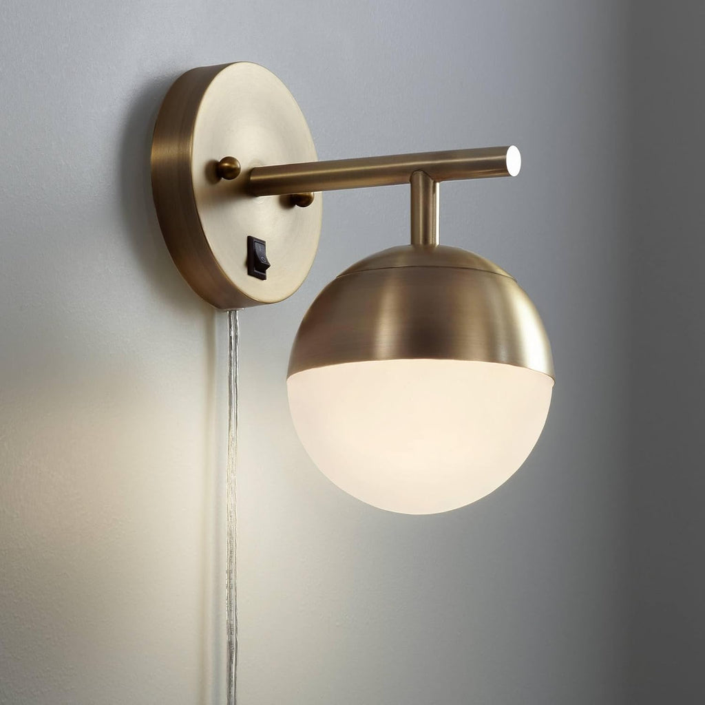 360 Lighting Luna Mid Century Modern Wall Lamps with USB Charging Port Brass Metal Plug-in 5 1/2' Fixture Frosted Glass Sphere Shade for Bedroom House Reading Living Room Hallway