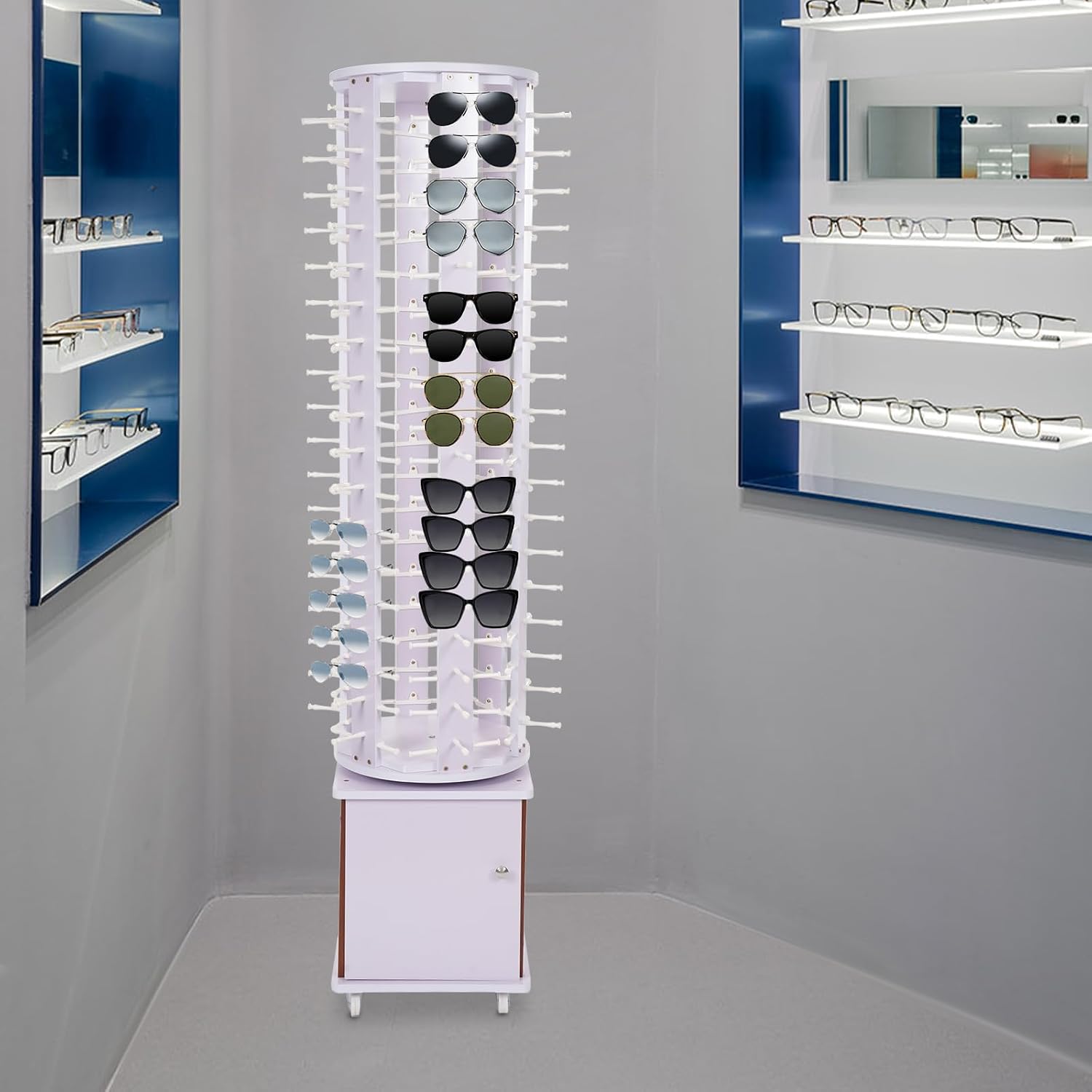 108 Pairs Glasses Sunglasses Display Stand, 360° Rotating Glasses Storage Display Rack with Cabinet, Floor Sunglasses Display Rack with Wheels, 66.14in Height with Wheels (Light Purple)