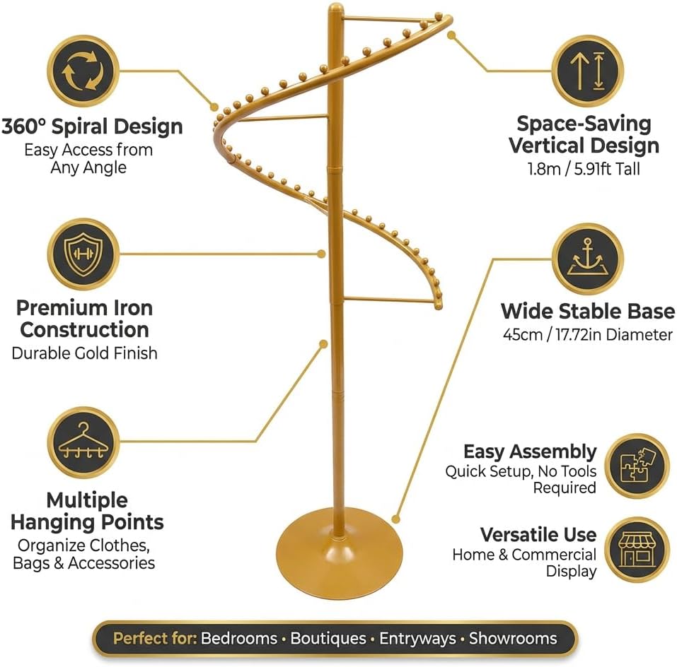 Spiral Rotating Clothing Rack, 5.91ft H 38-Ball Heavy Duty Garment Rack, Space Saving Standing Metal Sturdy Freestanding Hanger for Boutique Bedroom (Gold)