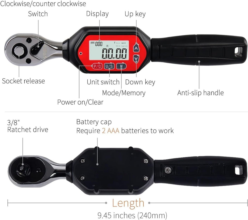 3/8-inch Drive 1.8-60Nm Digital Torque Wrench 1.33-44.25 Ft-lbs (16-531 Inch Pound) with Buzzer & LED