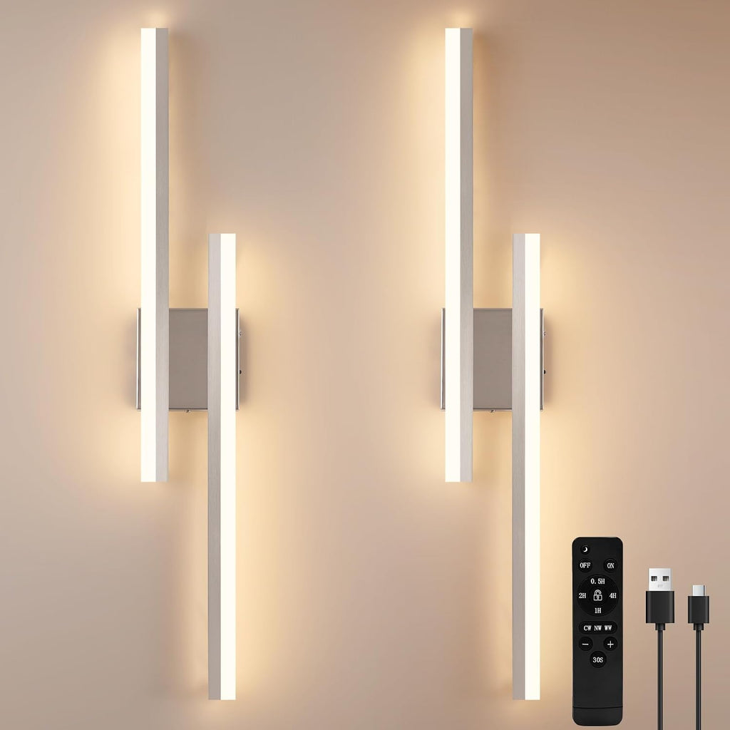 Battery Operated Wall Light Fixtures for Living Room, Dimmable USB Rechargeable Indoor Led Wall Sconce Lighting, Wireless Wall Lamps for Living Room Bedroom Bathroom Hallway Set of 2