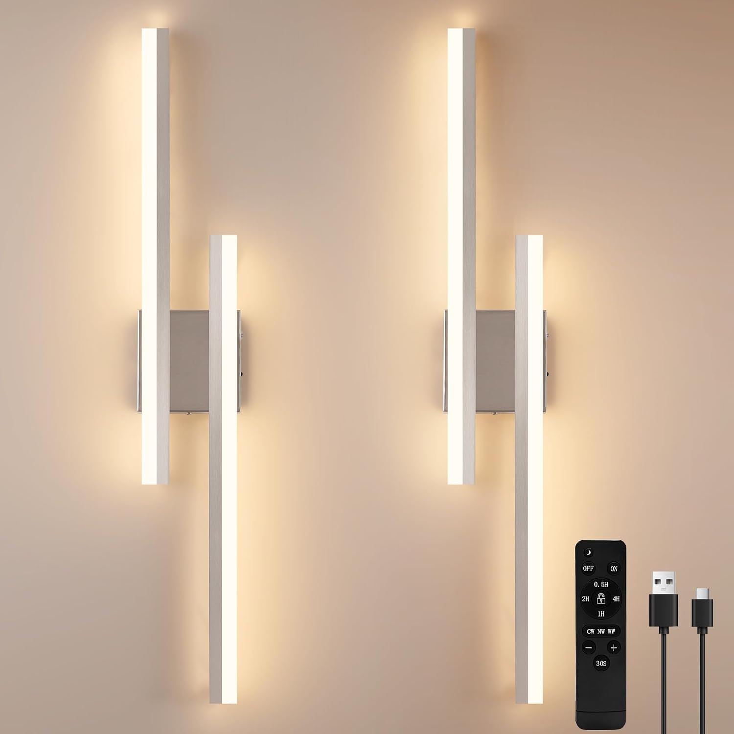 Battery Operated Wall Light Fixtures for Living Room, Dimmable USB Rechargeable Indoor Led Wall Sconce Lighting, Wireless Wall Lamps for Living Room Bedroom Bathroom Hallway Set of 2