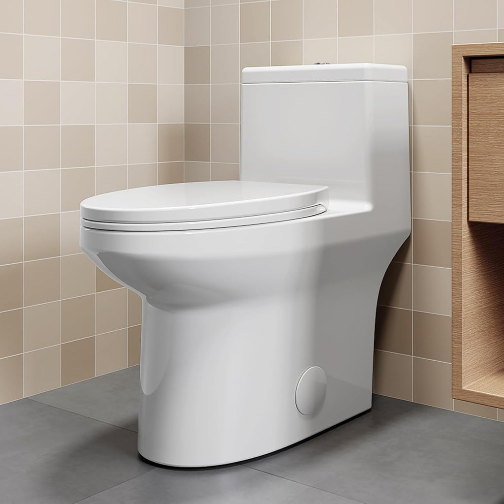 SOTOMO K-0351DF Elongated One Piece Toilet, ADA Comfort Seat Height 17.2', Dual Flush 1.1/1.6 GPF Compact Toilet, Soft-Close Seat, 12' Rough-In, MAP 1000g for Bathrooms, Modern White Skirted Toilet
