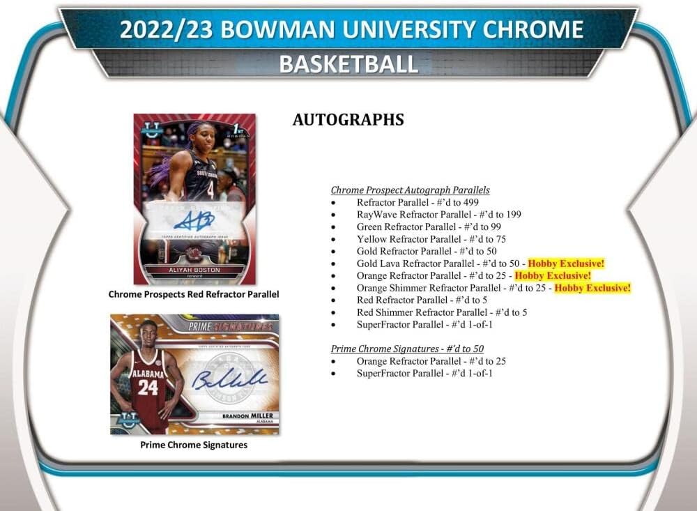 2022-23 Bowman University Chrome Basketball Hobby Box (24 Packs/4 Cards: 2 Autos)