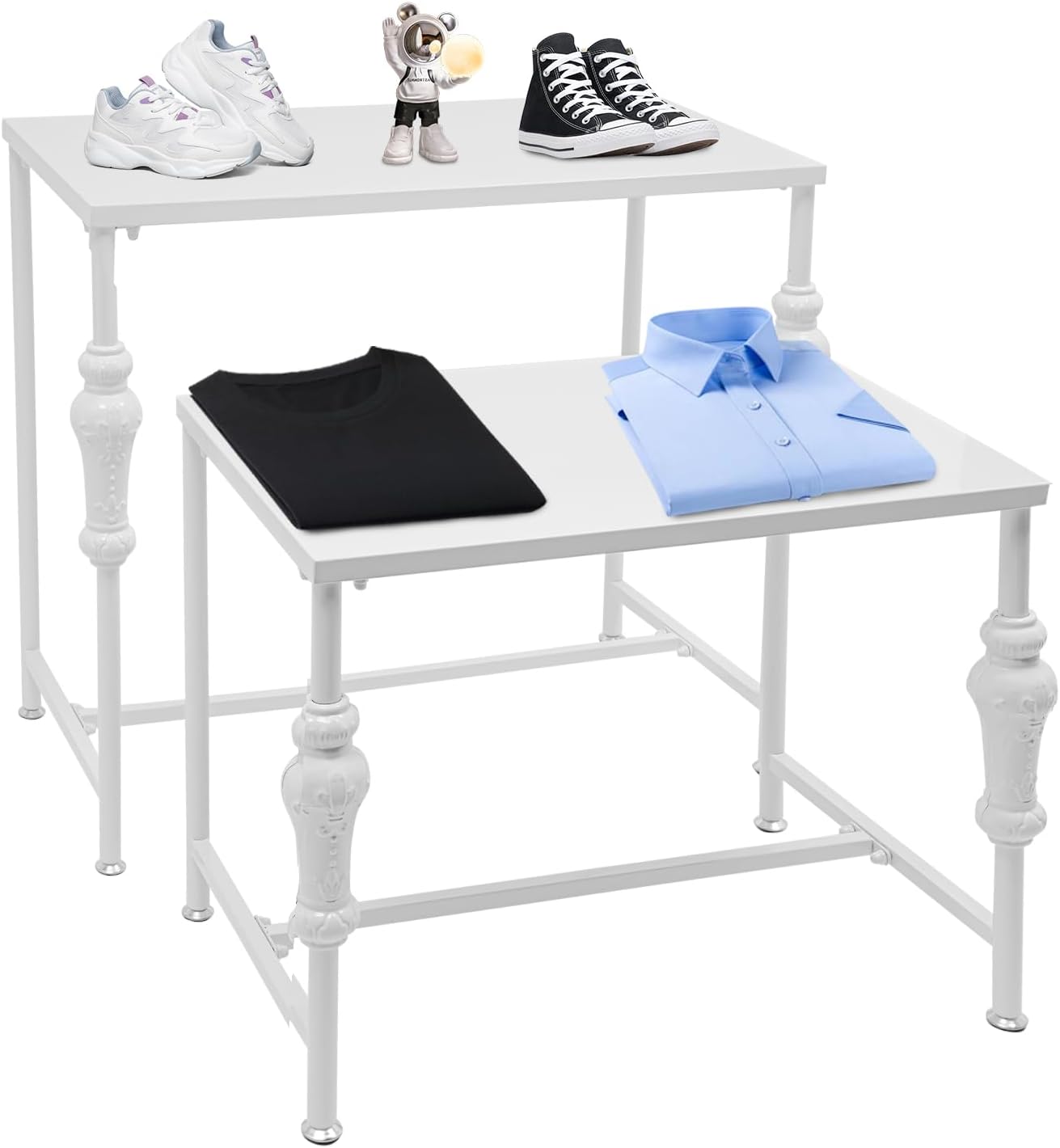 Set of 2 Industrial Retail Display Nesting Tables,Standing Retro Boutique Unit Storage Shelves,Garment Shoes Handbag Display Rack for Home Clothing Shop Hotel (White)